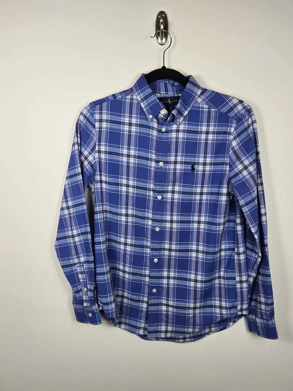 Ralph Lauren Kids Blue Plaid Button Down Shirt Pony Logo L 14-16